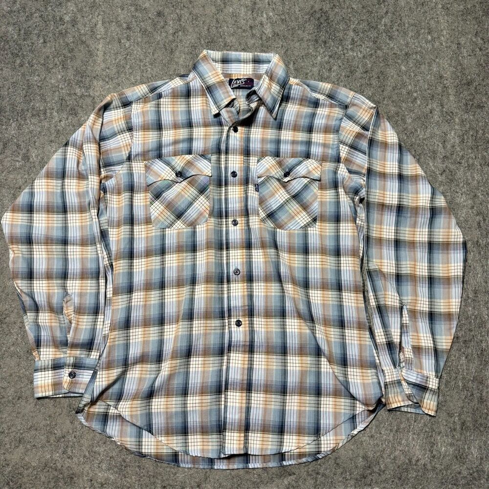 Vintage 70s Levis Plaid Western Shirt Mens Large Made in USA Fortrel Polyester